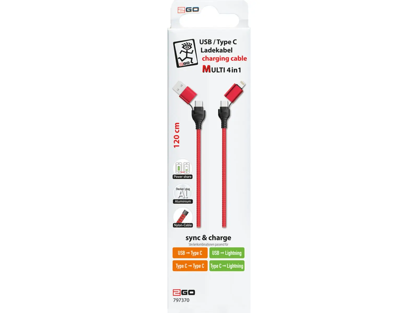 USB/USB-C Ladekabel für USB-C/Apple, rot, 1,2m